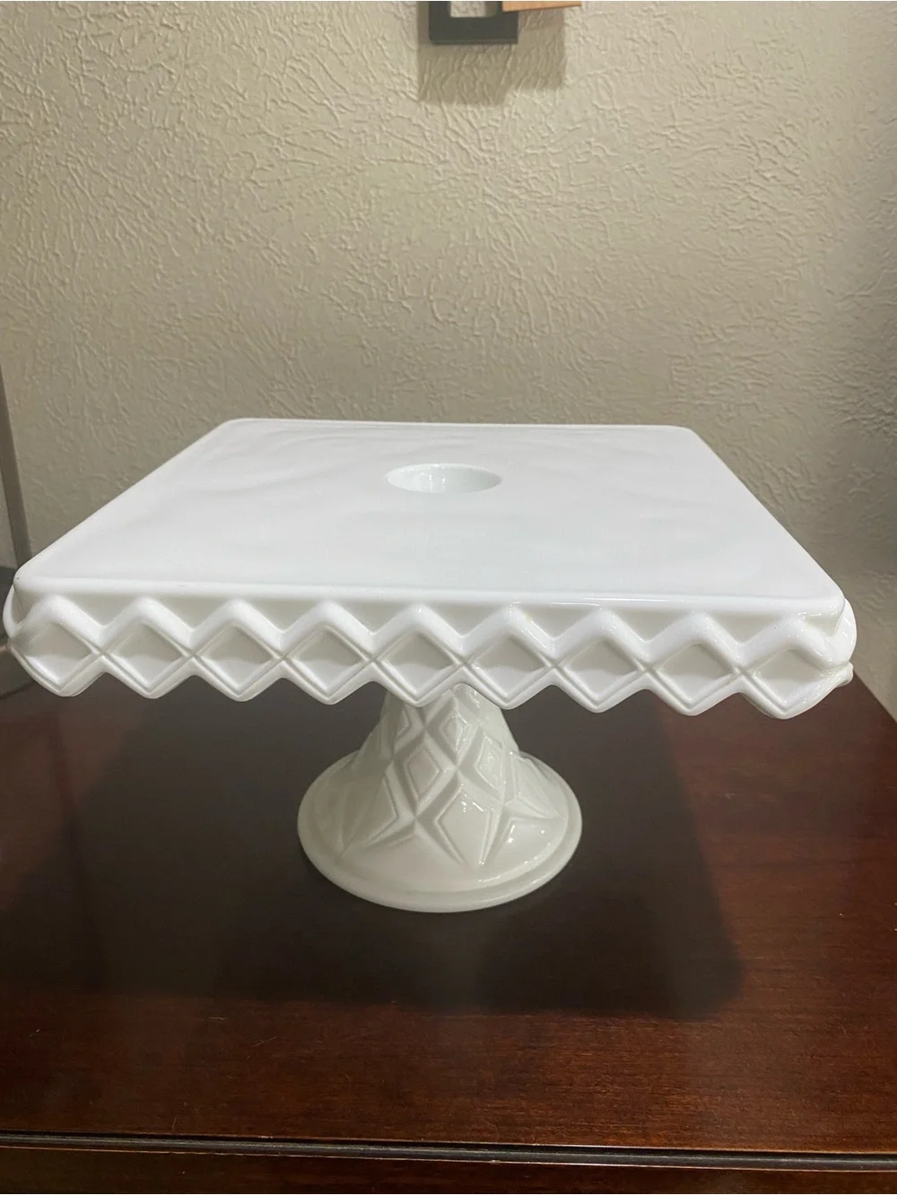 Vintage, Indiana Glass, Square White Milk Glass Cake Stand with a Rum Well